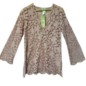 J Valdi Pink Floral Lace V Neck Bell Sleeve Tunic Top Women's‎ Size ML